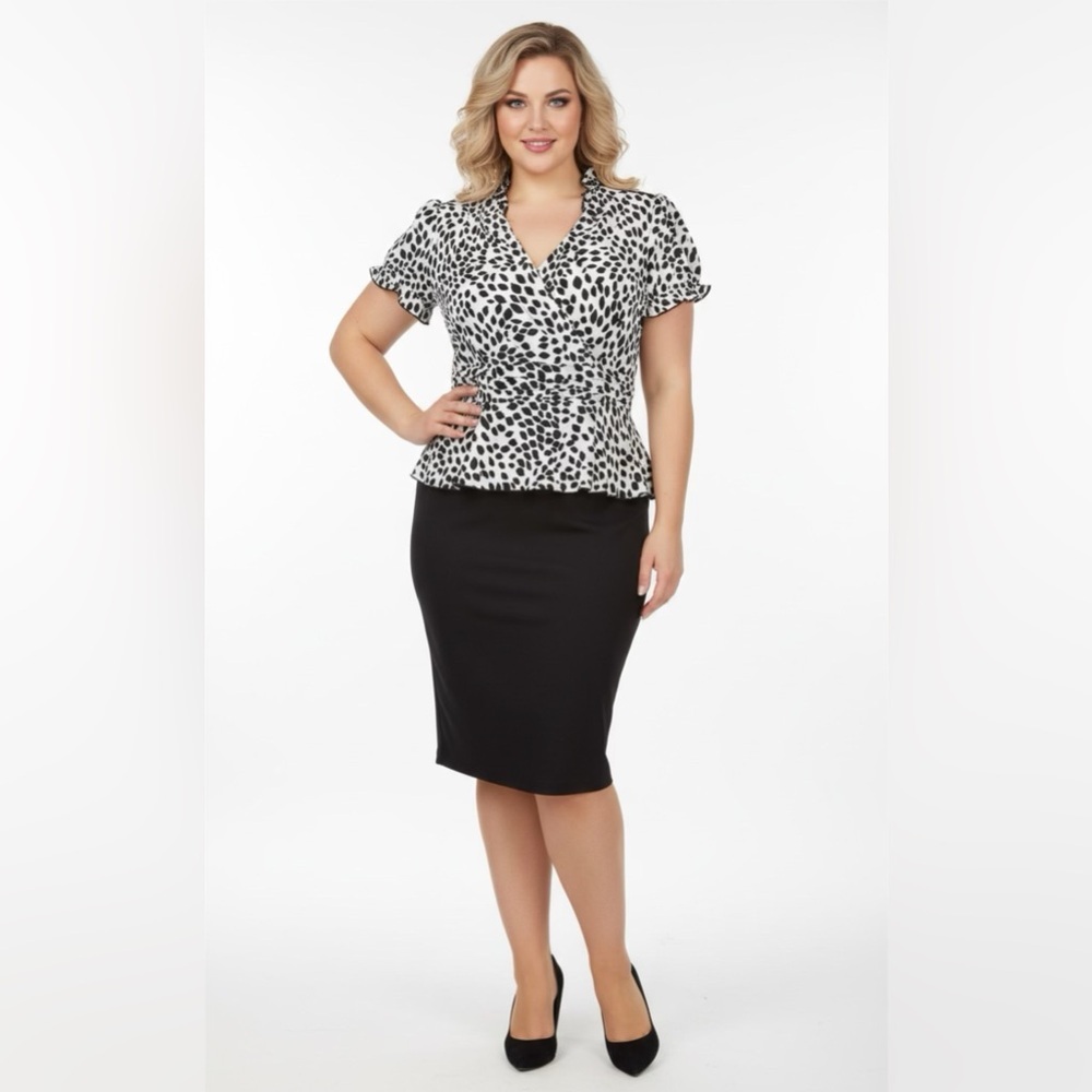 WHBM Printed V-Neck Combo Peplum Midi Dress White & Black Sz 8